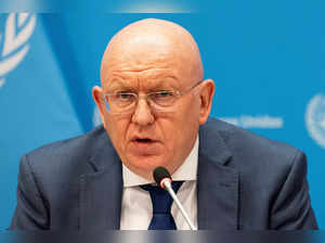 Russia's Ambassador to the United Nations Vassily Nebenzia speaks during a press conference