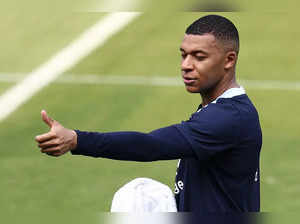 France's forward #10 Kylian Mbappe gestures during a training session at the Home Deluxe Arena Stadium in Paderborn, western Germany, on June 27, 2024, during the UEFA EURO 2024 football competition.
