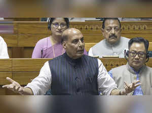 **EDS: SCREENSHOT VIA SANSAD TV** New Delhi: Defence Minister Rajnath Singh spea...