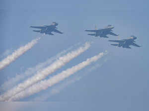 New Delhi: IAF's Su-30 MKI fighter jets flypast in a formation during the full d...