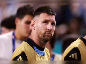 Lionel Messi of Argentina looks on as he leaves the pitch in the after the first half during the CONMEBOL Copa America 2024 Group A match between Argentina and Peru at Hard Rock Stadium on June 29, 2024 in Miami Gardens, Florida.