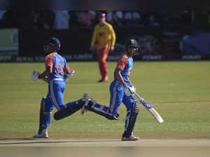 Indian batsman Yashasvi Jaiswal, left and Shubman Gill make a run during the T20...