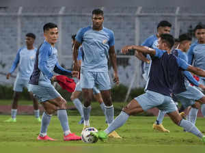Kolkata: Indian national football team captain Sunil Chhetri with teammates duri...