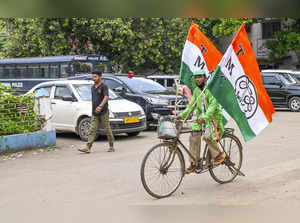 Nadia: A Trinamool Congress (TMC) supporter rides past on his bicycle after the ...