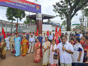 Agartala: CPI(M) workers stage a protest against the Tripura Government over the...