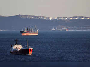 An oil tanker and bulk carrier sail near the crude oil terminal Kozmino in Nakhodka Bay