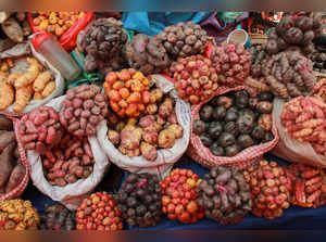 A view shows a variety of potatoes along a street, in La Paz