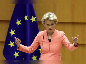 FILE PHOTO: European Commission President Ursula von der Leyen addresses her first State of the European Union speech during a plenary session of the European Parliament, in Brussels