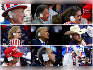 A combo shows Republican presidential nominee Trump with a bandaged ear after he was injured in an assassination attempt, and supporters and attendees wearing bandages over their ears in tribute to Trump during the RNC