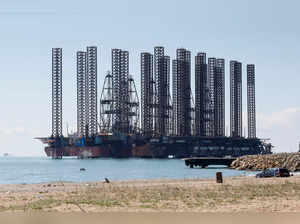 FILE PHOTO: An offshore oil rig is seen in the Caspian Sea near Baku