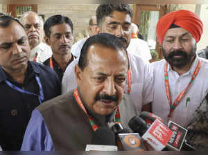 Jammu: Union Minister Jitendra Singh addresses media persons after the BJP's wor...