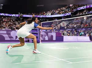 Paris, Jul 28 (ANI): Indian badminton player PV Sindhu in action during the Grou...