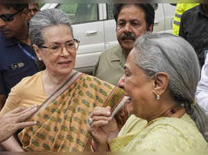 New Delhi: Congress MP Sonia Gandhi with Samajwadi Party MP Jaya Bachchan during...