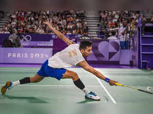 Paris: India's Lakshya Sen during the Men's Singles Group stage badminton match ...