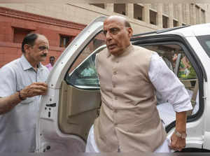 Union Defence Minister Rajnath Singh arrives to attend the Monsoon session of Parliament.