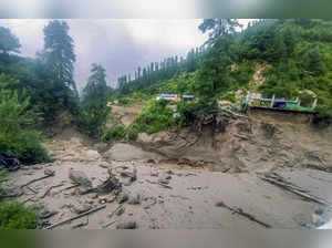 Kullu: An affected area following a flash flood triggered by a cloudburst in Tos...