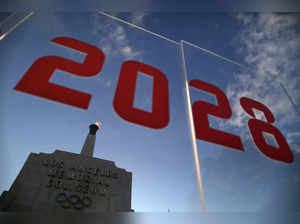 An LA2028 sign is seen at the Los Angeles Coliseum to celebrate Los Angeles being awarded the 2028 Olympic Games, in Los Angeles