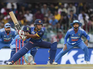 Colombo: Sri Lanka's Dunith Wellalage plays a shot during the first ODI cricket ...