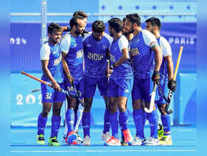 Paris, Aug 01 (ANI): India players during the Pool B match against Belgium in th...