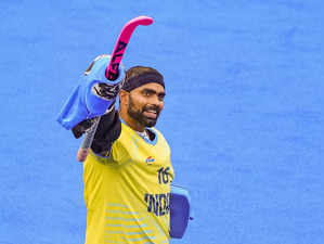 Paris: India's PR Sreejesh celebrates atter the team won the Pool B hockey match...