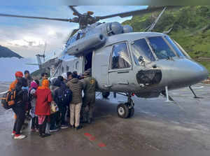 Kedarnath: Stranded pilgrims board an IAF helicopter in landslide-hit Kedarnath....