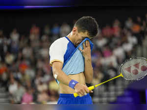 Paris: India’s Lakshya Sen reacts after losing the Men’s Singles Semifinal badmi...