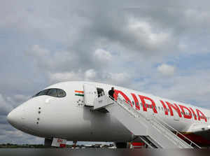 Branding for Air India is seen on Airbus A350-900 at Farnborough International Airshow, in Farnborough