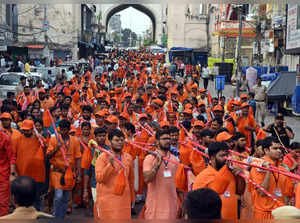 Hyderabad: 'Kanwariyas' (Lord Shiva devotees) during 'Kawad Yatra' in the holy m...