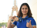 Manu Bhaker, double Olympic medalist, lands in India