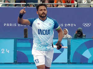 Paris, Jul 27 (ANI): India hockey captain Harmanpreet Singh celebrates the team'...