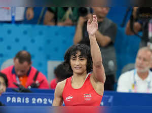 Paris: India's Vinesh Phogat celebrates after winning her Women's Freestyle 50kg...