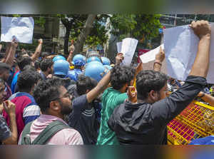 New Delhi: Students protest outside Rau’s IAS Study Circle where three students ...