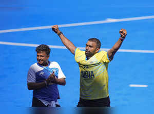 Colombes: India's goalkeeper PR Sreejesh celebrates after India won the men's ho...