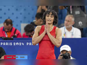 Paris: India's Vinesh Phogat celebrates after winning her Women's Freestyle 50kg...