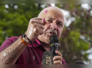 New Delhi: AAP leader Manish Sisodia addresses supporters after his release from...