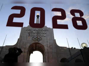 An LA2028 sign is seen at the Los Angeles Coliseum to celebrate Los Angeles being awarded the 2028 Olympic Games, in Los Angeles