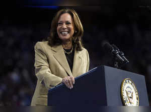 Democratic presidential nominee Vice President Kamala Harris speaks at a campaig...