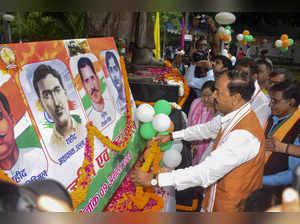 Prayagraj: Uttar Pradesh Deputy CM Keshav Prasad Maurya pays tribute to the maty...