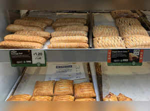 FILE PHOTO: Vegan sausage rolls and Steak Bakes are seen for sale in a Greggs bakery near Manchester