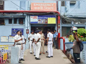 Kolkata, Aug 12 (ANI): Police personnel  seen at the R G Kar medical Hospital wh...