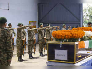 Jammu: Army personnel pay tribute to Captain Deepak Singh, who was killed in a g...