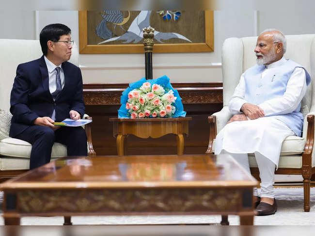 New Delhi, Aug 14 (ANI): Prime Minister Narendra Modi meets with Hon Hai Technol...