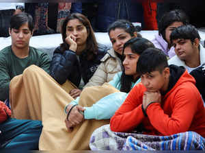 Indian wrestlers take part in a protest demanding the disbandment of the WFI and the investigation of its head by the police, who they accuse of sexually harassing female players, at Jantar Mantar in New Delhi