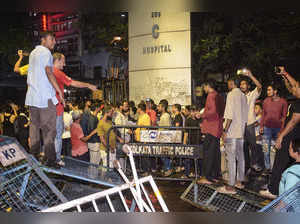 Kolkata: Protestors at the RG Kar Medical College and Hospital during a protest ...