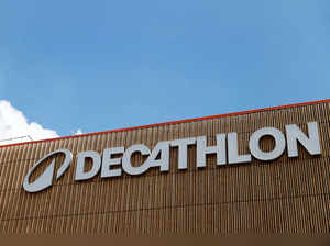 FILE PHOTO: Logo of Decathlon in Montreuil near Paris