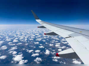 A wing of an Airbus A-320 aircraft of British Airways is pictured above northern France during a Geneva to London Heathrow flight