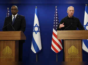 U.S. Secretary of Defense Austin and Israeli Defense Minister Gallant hold a joint press conference at Israel's Ministry of Defense, in Tel Aviv