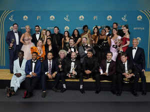 The cast and crew of "Ted Lasso", winners of the Emmy for outstanding comedy ser...