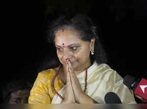 New Delhi: BRS leader K Kavitha greets as she walks out of Tihar Jail after the ...