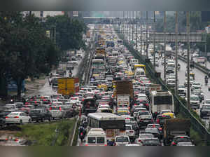 Gurugram: Vehicles stuck in traffic jam on Delhi-Gurugram expressway after rains...